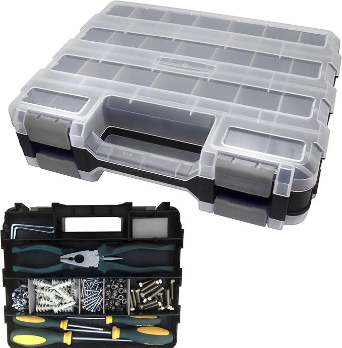 Double Side Tool Box Organizer, Hardware Storage Box, Portable Small Parts Organizer with Removable Plastic Dividers for Screws, Nuts, Nails, Bolts, Grey