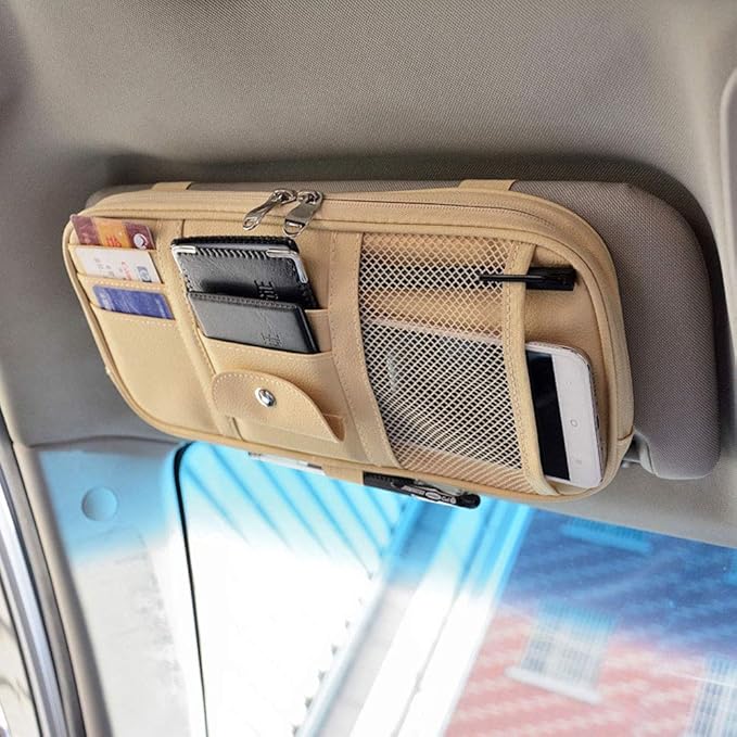 Da by Car Sun Visor Organizer, Multi-Pocket Visor Organizer Storage Pouch for Cars, SUVs & Trucks with Double Zippers, Elastic Bands & Glasses Clip- Organizes Essentials Keep Tidy (Beige Light Yellow)