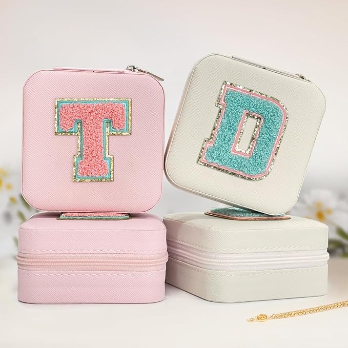 SANDJEST Personalized Jewelry Box, Pink Travel Jewelry Box with Initial T, Small Monogrammed Jewelry Case Organizer for Girls Women Teen Kids, Mini Travel Essentials Gifts for Birthday Christmas