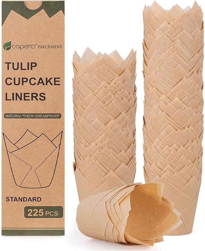 Caperci 225pcs Natural Tulip Cupcake Liners Paper for Baking Cups Unbleached European Parchment Paper, Tulip Muffin Liners Cupcake Wrapper for Party, Wedding, Christmas, Birthday