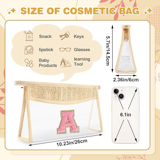 Small Boho Straw Initial Letter Makeup Bag Personalized Gift ,Cute Clear Chenille Patch Makeup Bag With Zipper,Trendy TSA Approved Travel Toiletry Bag,Gift for Women Girls Birthday Friend, Letter A