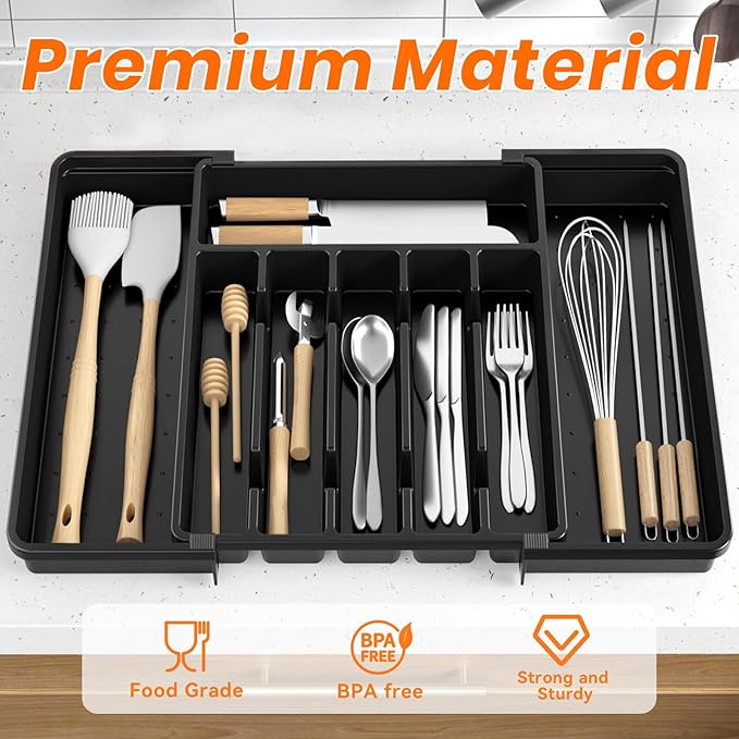 RoomHacks Large Silverware Organizer,Expandable Utensil Drawer Organizer,BPA Free Utensil Holder,Adjustable Silverware Tray Cutlery Drawer Organizer for Kitchen Flatware,Large,Black,2 Pack