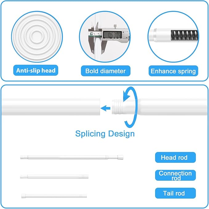 1 Pack Spring Tension Rods 33-59 Inches, 5/8 Inch Diameter White No Drill Spring Loaded Adjustable Extendable, Small Short Tension Curtain Rod for Windows Kitchen Doorway Closet Cupboard