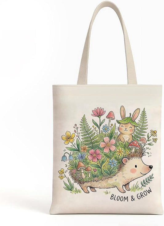 MOLOVA】Printed Canvas Tote Bag for Women - Inner Zipper Pocket & Magnetic Closure, Versatile Hand Shoulder Carry, 15x16 Inch Large Capacity for Work Travel Shopping, Hedgehog