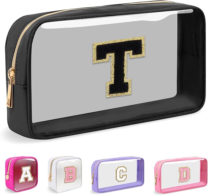 Small Clear Personalized Initial Makeup Bag, Preppy Nylon A-Z Chenille Letter Patch Makeup Organizer TSA Approved Travel Toiletry Bag,Waterproof Zip Beach Cosmetic Pouch Purse for Women(Black-Black T)