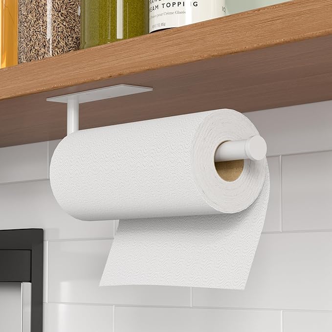 Paper Towel Holder Under Cabinet, Self-Adhesive,No Drilling, Stainless Steel, Wall-Mounted for Kitchen and Bathroom, Easy Install, Durable, Space-Saving, Ideal for Home, RV (White, 1 Pack)