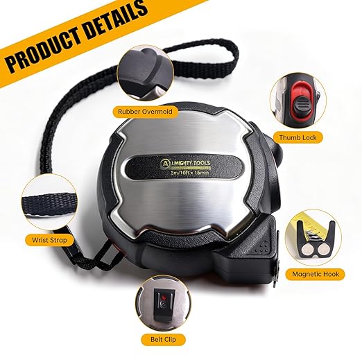 16FT Tape Measure, Small Retractable Measuring Tape, Mini Tape Measure with Metric/Inch, Dual Sided, Magnetic Hooks, Rubber + Stainless Steel Case, for Home, Construction & DIY (16ft)