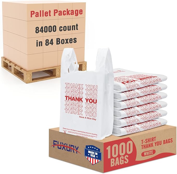 Fuxury Thank You Plastic T-shirt Bags White 84000 Count (84 Boxes,1000 Count/box) Pallet Package for Small Business, Grocery, Take Out, To Go, Retail Shopping Bags in Bulk