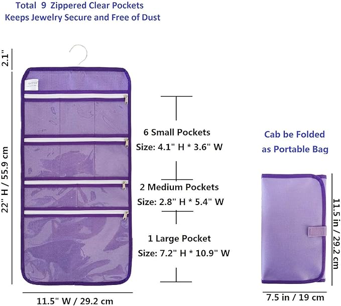 Travel Foldable Jewelry Rolls Bag Hanging Jewelry Organizer with 9 Zippered Clear Pockets Storage Pouch with Rotatable Hanger (PURPLE)