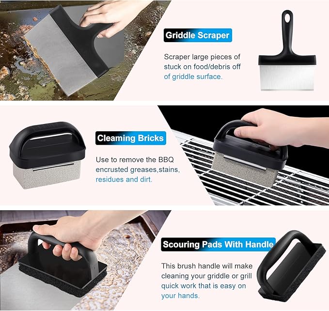 Blackstone Griddle Cleaning kit 16 Pcs, Heavy Duty Grill Cleaning Stone Bricks with Handle,Griddle Scrubber Scouring Pads with Handle and 6" Grill Scraper,Griddle Cleaner Brush Set for Flat Top