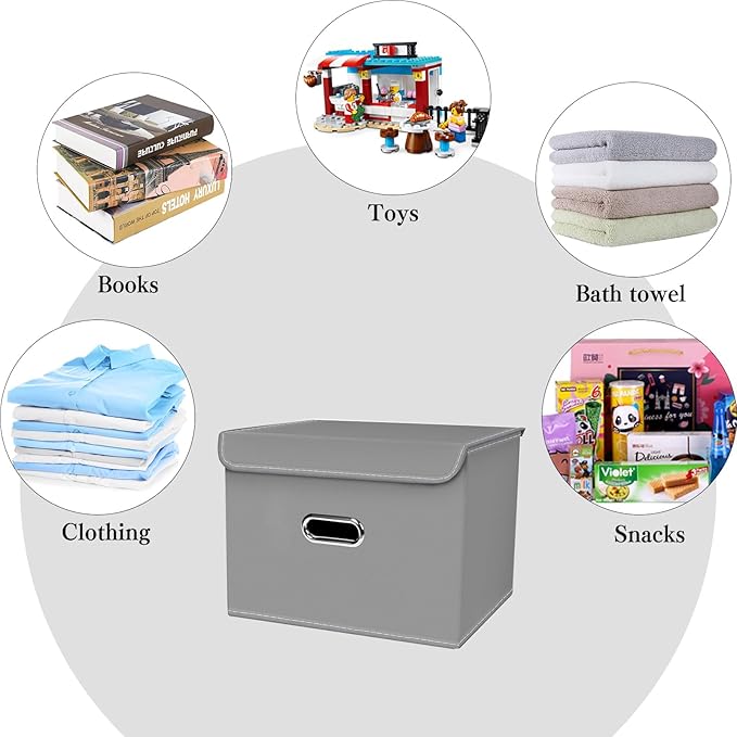 Linen Fabric Foldable Collapsible Storage Cube Bin Organizer Basket with Lid, Leather Handles, Removable Divider for Home, Closet (Grey, 3Pcs)