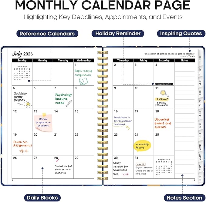 Planner 2026-2027, Academic Year Monthly and Weekly Calendar Planner, Jul 2026 - Jun 2027, Hardcover Teacher Student Planning Agenda book with Tabs, Perfect for School Office Supplies, 6.3" x 8.5" - Starry Night