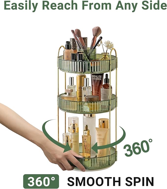 360 Rotating Makeup Organizer, 3-Tier Large Capacity Makeup Organizers and Storage, Skincare Perfume Vanity Organizers, Bathroom Cosmetics Storage Organizer Countertop (Green)