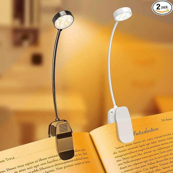 2 Packs Rechargeable Book Reading Light - Adjustable Brightness, 3 Color Temperatures, 30+ Hours Runtime - Eye Care 10 LED Lamp for Reading for Bed,Back to School Gift for Student-White & Black