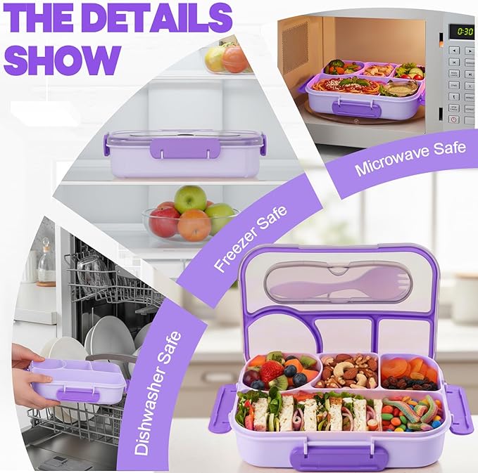 Bento Box for Adults,4 Compartments Lunch Box, Snack Containers Reusable Lunch Containers Drop-Proof, Dishwasher Safe & Made with BPA-Free Materials, Purple