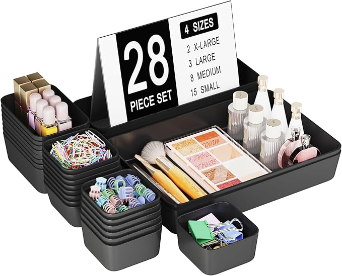 Homhut Plastic Drawer Organizers, 28 PCS Drawer Organizer Bins, Bathroom and Vanity Organizer Plastic Tray, Makeup organizer and storage for Makeup, Bedroom, Kitchen Gadgets Utensils and Office