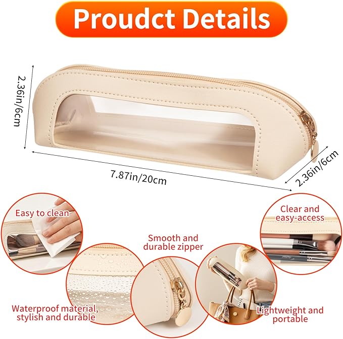 Small Double Sided Clear Makeup Bag - Waterproof Portable Makeup Brush Bag PU Leather Travel Makeup Brush Case Cosmetic Organizer Pouch with Zipper for Women Home Travel Office (White)