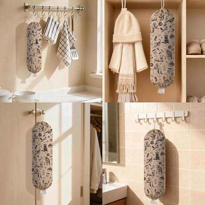 Plastic Bag Holder Dispenser, Plastic Grocery Bag Organizer & Wall Mount Paper Trash Bags Saver Storage for Kitchen Home Pantry Decor, Retro Animal Shopping Bags Storage Dispenser