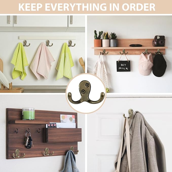 14 Pack Coat Hooks, Heavy Duty Double Prong Coat Hooks Wall Mounted with 28 Screws, No Rust Antique Brass Metal Wall Hooks for Hanging Towel, Coat, Bag, Hat, Cup, Key