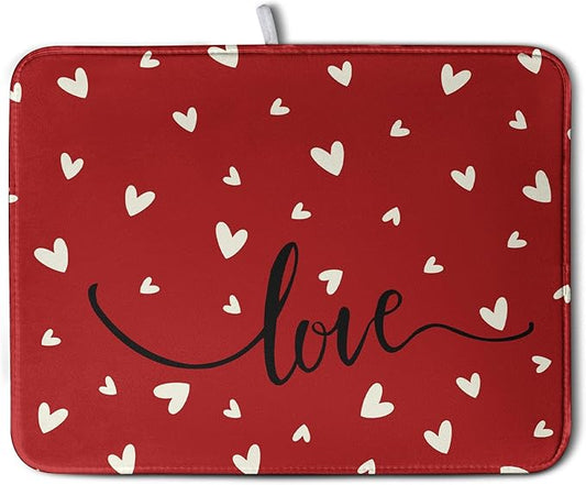 Valentines Day Dish Drying Mat 18x24 Inch Valentine Red Love Heart Drying Mats for Kitchen Counter Super Absorbent Microfiber Large Dish Drying Pad Heat Resistant Dish Draining Rack Mat