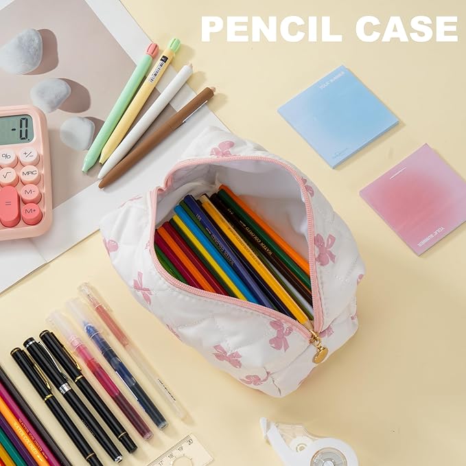 UUUYUUY Makeup Bag Travel Toiletry Bag for Women, Small Cosmetic Bags Cute Quilted Cotton Makeup Pouch for Purse Emergency Bag for School Floral Pencil Case Accessory Bag, Pink Bow