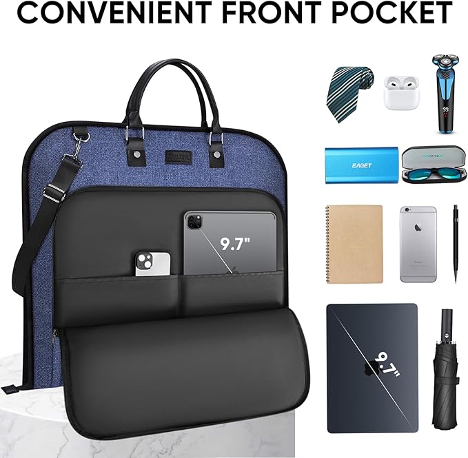 BALEINE Travel Garment Bag, Travel Suit Bag for Men, 42'' Waterproof Carry on Garment Bag for Hanging Clothes, Garment Duffel Bag for Travel Business (Blue)