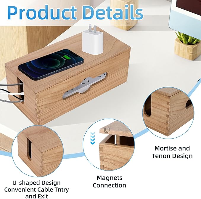 3-Piece Wooden Cable Management Box Kit: Wooden Cable Hider Storage Box Cord Organizer to Hide Cords & Wires for Desk Organization Protector Box for Home Office Kitchen Desk TV Computer Wires (S + M + L)