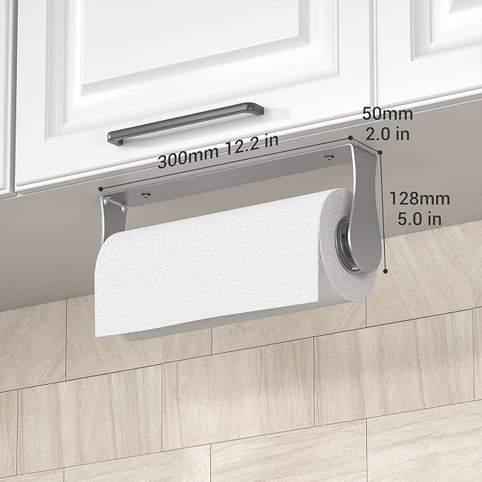 Paper Towel Holder Under Cabinet, Wall Mount, One-Handed Tear, Stainless Steel, Silver, Paper Roll Holder for Kitchen Bathroom Farmhouse Essentials Decor Accessories
