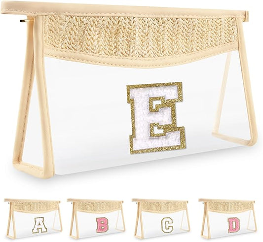 Personalized Initial Letter Bag Boho Straw Clear Makeup Bag, Small Cute Chenille Varsity Letter Bag With Zipper, Beach Travel Toiletry Bag, Portable Monogrammed Cosmetic Bag for Women Girls, E