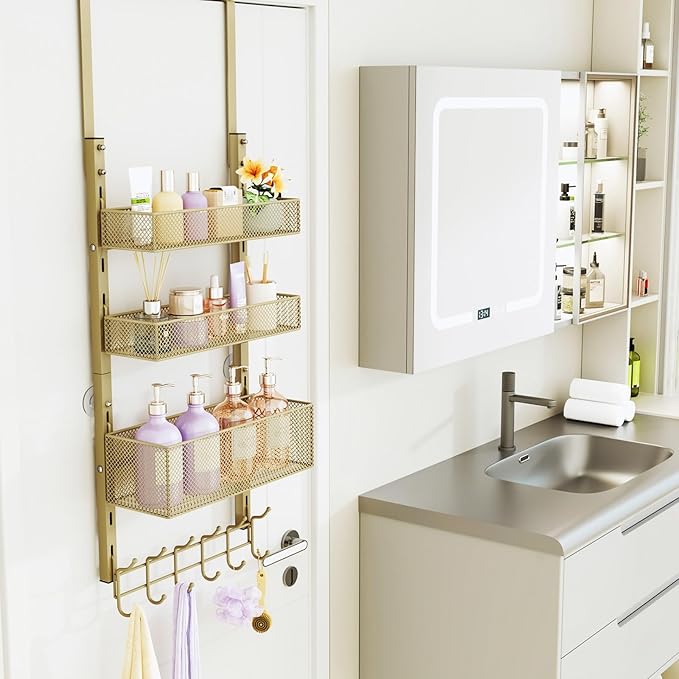 Consumest Over The Door Hooks Organizer - 4 Tier Door Coat Rack with 3 Baskets & 12 Hooks, Stainless Steel Towel Hanger for Bedroom, Bathroom, Living Room, Gold