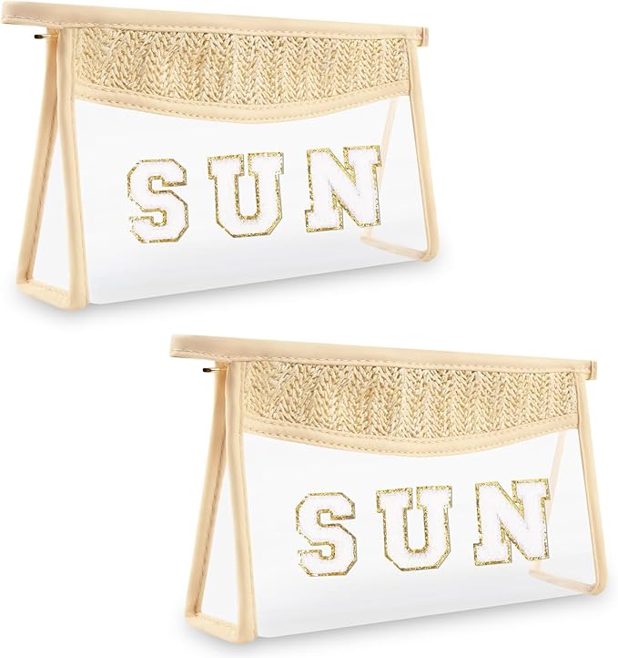 2 Pcs Boho Straw Clear Makeup Letter Bag BEACH Pouch, Sunscreen Bags for Beach Travel Small Cute Chenille Letter SPF Bag Pouch,Waterproof Beach Toiletry Sun Bag Best Beach Accessories for Women(SUN)