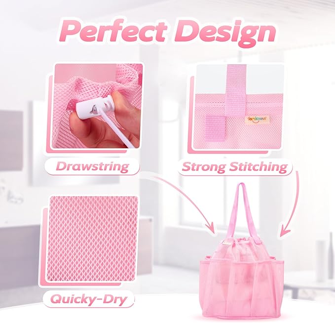 Mesh Shower Caddy Portable with Drawstring, Dorm Room Essentials for College Students Girls, Large Shower Bag for Camping, Swimming, Gym, Travel, Bathroom - Pink