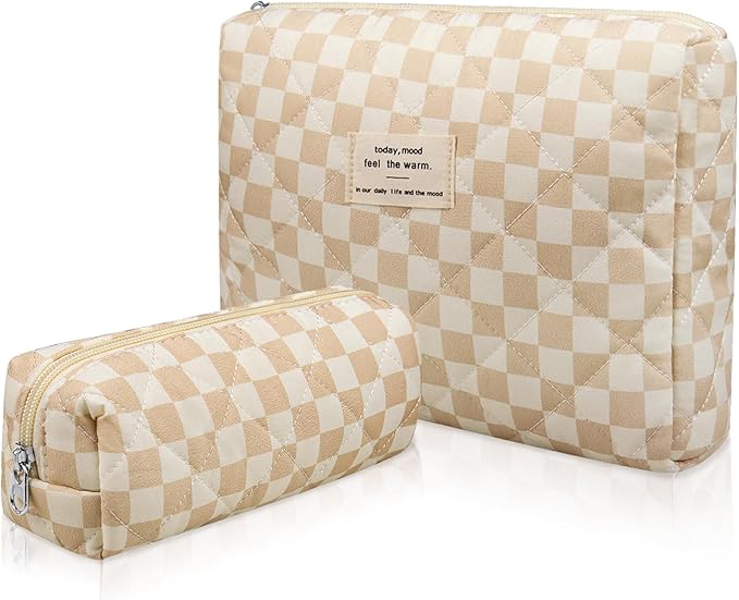 2PC Makeup Bag Set, Cute Cosmetic Bag for Women Girls, Floral Coquette Aesthetic Toiletry Bag, Travel Make Up Organizer Bag (Brown Checked)