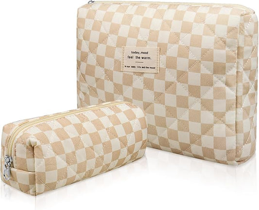 2PC Makeup Bag Set, Cute Cosmetic Bag for Women Girls, Floral Coquette Aesthetic Toiletry Bag, Travel Make Up Organizer Bag (Brown Checked)