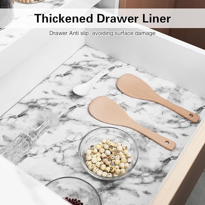 Drawer and Shelf Liner for Kitchen Cabinet, Non-Adhesive Cabinet Liner 12in x 20FT, Waterproof Shelf Paper Non-Slip Mats Cupboard Liners Contact Protect Dresser/Shelves/Table - Marble