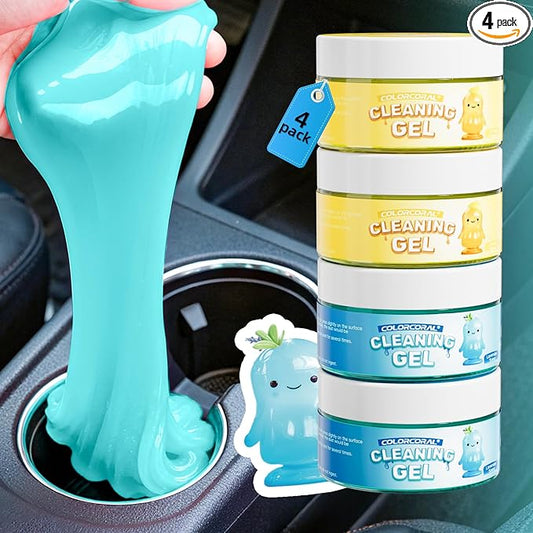 ColorCoral 4 Pack Car Cleaning Gel Reusable Auto Slime Cleaner Dust Cleansing Gels,Vehicle Interior Cleaning Care Putty,Keyboard Cleaner Goop for Car Vent, Corners, Crevices,Office Desktops Debris