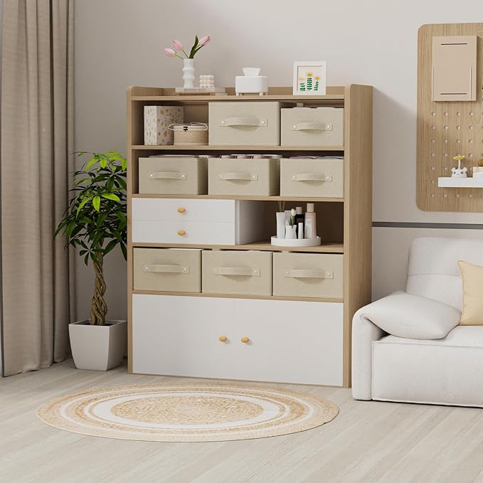 Collapsible Organizer Boxes, Fabric Storage Bins, Cube Baskets for Organizing Home, Office and Closet, Grey and Beige, 2 Pack, 16.1x9.8x6.4in