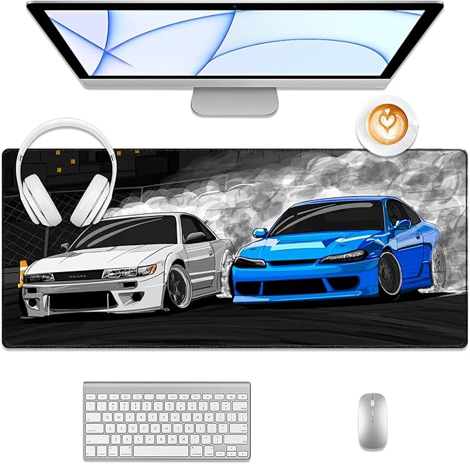 White Blue Cars Desk Pad, Stitched Edges Mouse Pad, Large Office Desk Mat, Non-Slip Gaming Mouse Pad, Laptop Desk Pad, Desk Writing Pad for Office and Home