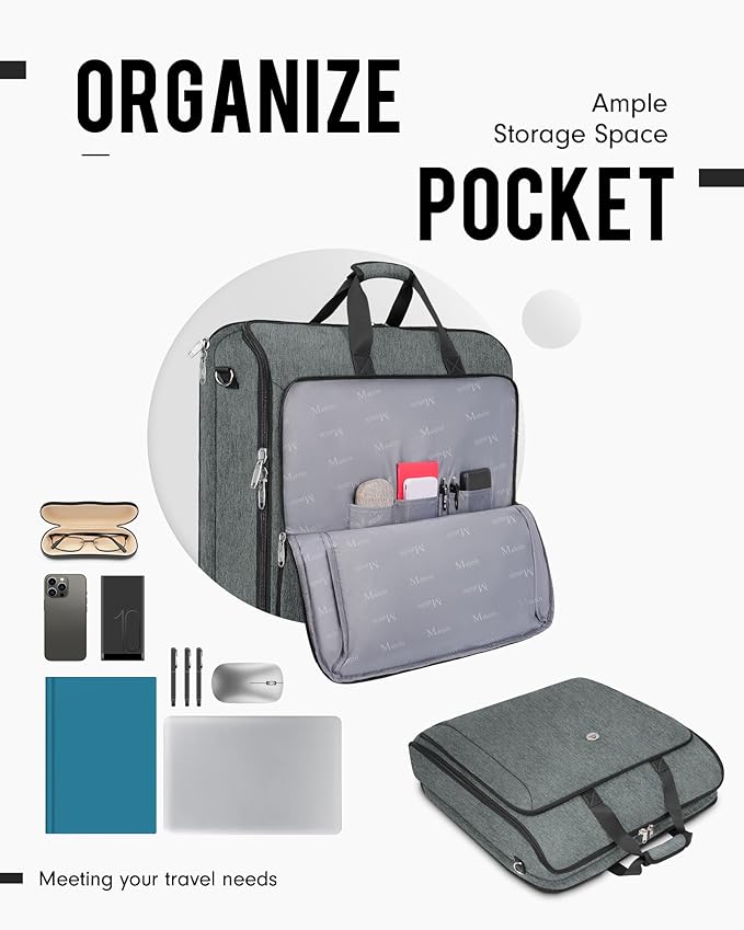 MATEIN Travel Garment Bag, Double Layer Folding Suit Bag with Adjustable Strap for Business Trips, Large Waterproof Wrinkle Free 2 in 1 Hanging Suitcase Cover Luggage for Shirts Dresses Coats, Grey