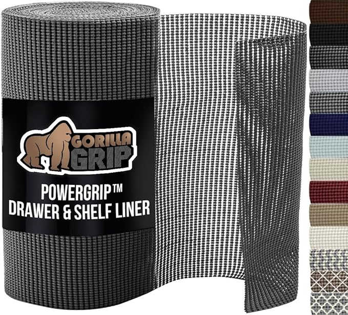 GORILLA GRIP powerGRIP Drawer Shelf and Cabinet Liner, Thick Strong Hold, Non-Adhesive Liners Protect Kitchen Cabinets and Cupboard, Bathroom Drawers, Easy Install, Breathable Mat, 17.5" x30' Charcoal