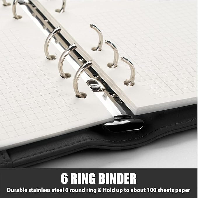 Sooez A6 Notebook Binder, 6 Ring Planner Binder A6 PU Leather Notebook Binder, Loose Leaf Personal Organizer Binder Cover with Magnetic Buckle Closure, PU Leather Portfolio Binder, 7.48"x5.2"