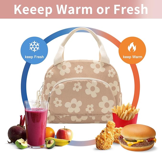 Lunch Bag Women Lunch Box for Women Adult Cute Insulated Lunch Bag Small Cooler Lunch Tote Bags for Work Picnic Travel (Brown-Flower)