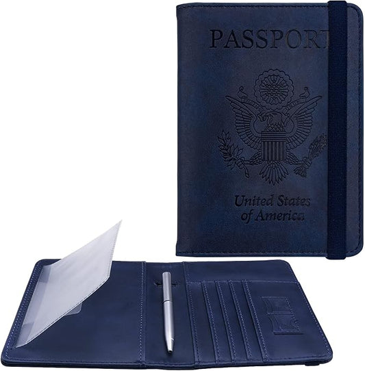 WALNEW Passport Holder for Travel, RFID Passport Cover Wallet for Women Men, PU Leather Passport Book Case with Pen Holder and Clear Photo Slot, Navy Blue