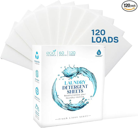 Pursonic Eco Laundry Detergent Sheets - 60 Sheet (120 Loads) Natural Zero Plastic Laundry Sheets with Powerful Cleaning Power - Travel Essentials, Quick-Dissolving & Mess-Free (Fresh Linen)