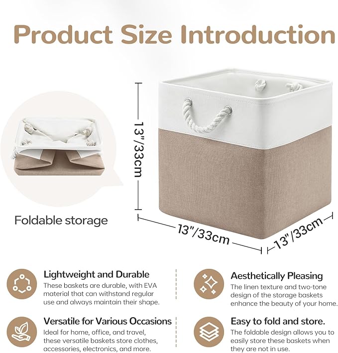 VQRTEXA 13 x 13 Inch Cube Storage Bins, 6 Pack Fabric Storage Basket with Handles, Foldable Boxes Organizer for Shelf Baskets for Home, Clothes (White/Khaki)