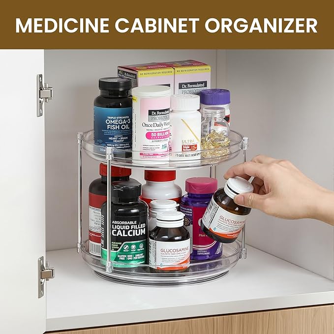 2 Set 2 Tier Non-Skid Acrylic Lazy Susan Turntable Organizer - Rotating Spice Rack - Spinning Organization for Kitchen, Pantry, Countertop, Closet, Bathroom, Vanity, Medicine Cabinet Organizing,9.25''