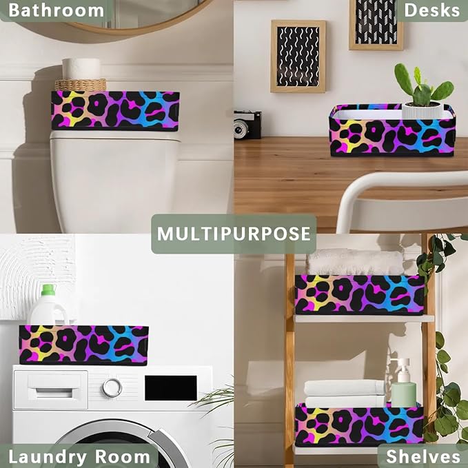Cheetah Rainbow Small Bathroom Baskets for Toilet,Foldable Toilet Paper Tank Basket Organizer for Towels Storage Decorative Open Storage Bins for Home,Closet,Containers,Cabinet