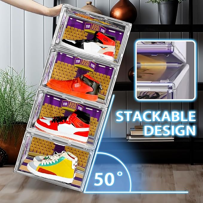 Acrylic Shoe Box Display Transparent Basketball Sneaker Shoe Organizer Storage Bins Clear Plastic Stackable Handbag Purse Hats Organizer Containers with Lids, 1Pack Size 14
