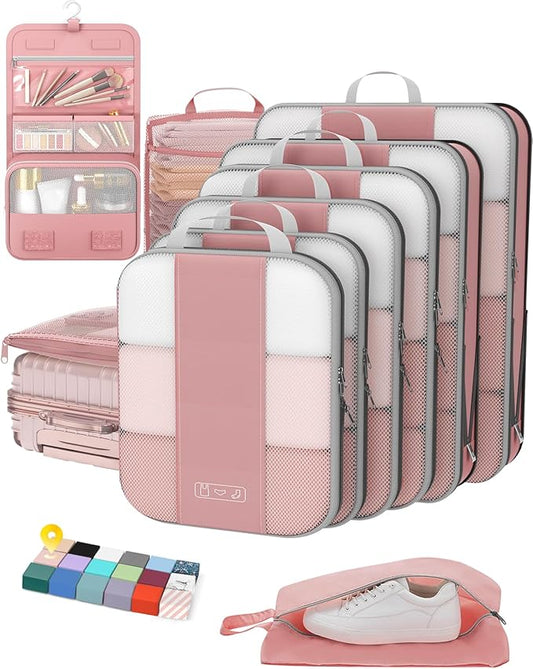 10 Set Compression Packing Cubes for Travel Essentials, Compressible Expandable Packing Cubes for Suitcase, OlarHike Luggage Organizer Bags for Travel, Handy Helper for Organizing Clothes (Light Coral)