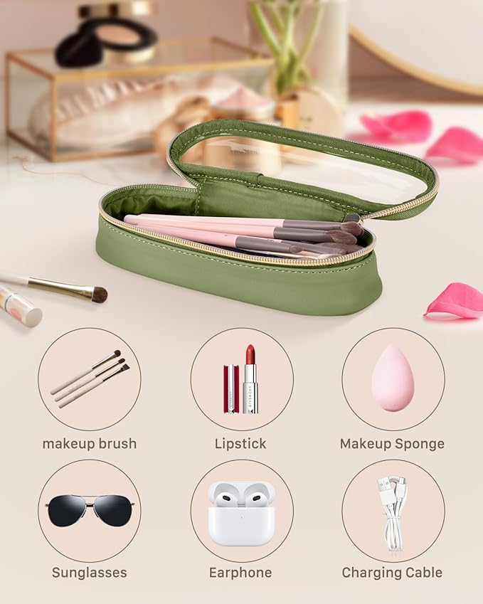 Clear Travel Makeup Brush Holder, Leather Makeup Brush Toiletry Bag, Portable Cosmetic Brush Case, Transparent Waterproof Makeup Brush Storage Bag, Green